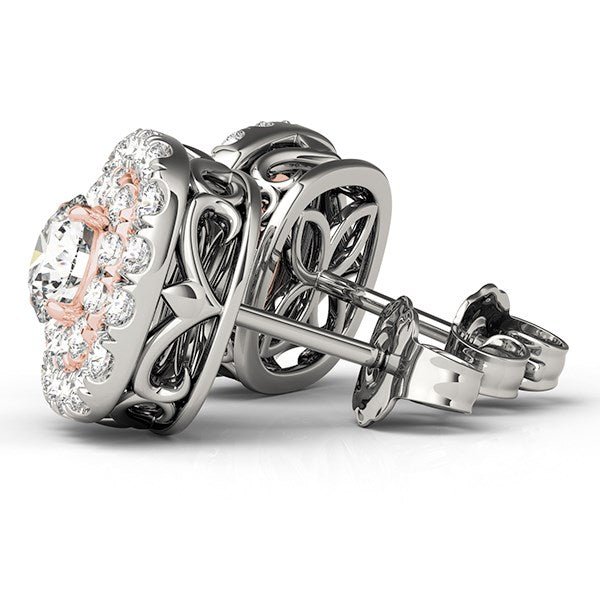 14k White and Rose Gold Cushion Shape Halo Diamond Earrings (3/4 cttw) - Coolpeacock