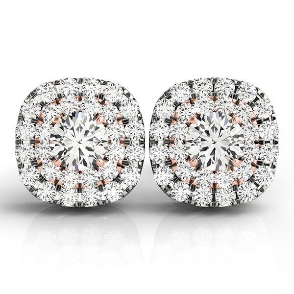 14k White and Rose Gold Cushion Shape Halo Diamond Earrings (3/4 cttw) - Coolpeacock