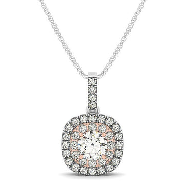 14k White And Rose Gold Cushion Shape Halo Diamond Pendant (1/2 cttw) - Coolpeacock