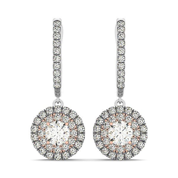14k White And Rose Gold Drop Diamond Earrings with a Halo Design (3/4 cttw) - Coolpeacock