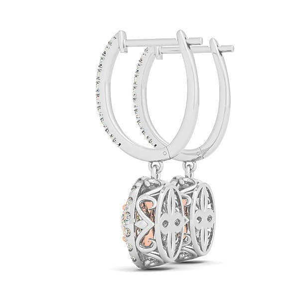 14k White And Rose Gold Drop Diamond Earrings with a Halo Design (3/4 cttw) - Coolpeacock