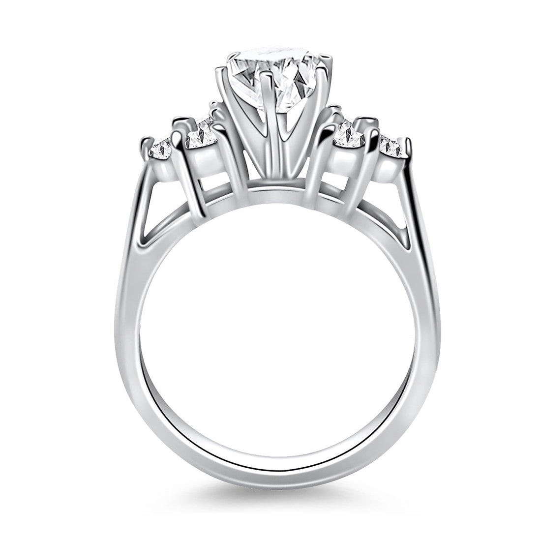 14k White Gold Cathedral Engagement Ring with Side Diamond Clusters - Coolpeacock