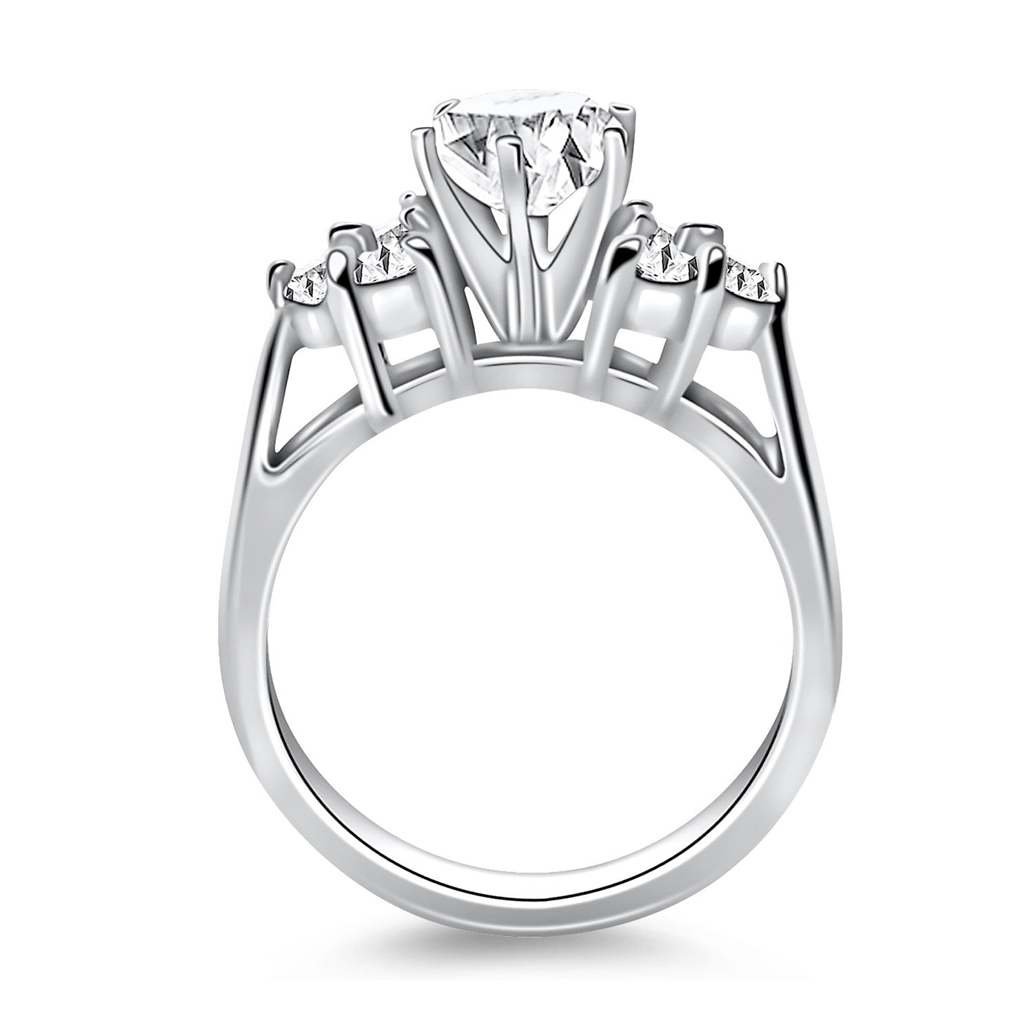 14k White Gold Cathedral Engagement Ring with Side Diamond Clusters - Coolpeacock