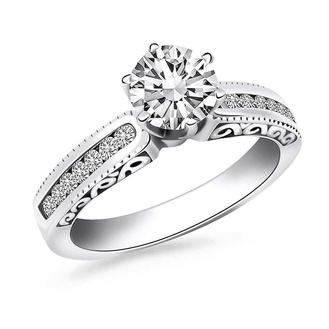 14k White Gold Channel Set Engagement Ring with Engraved Sides - Coolpeacock