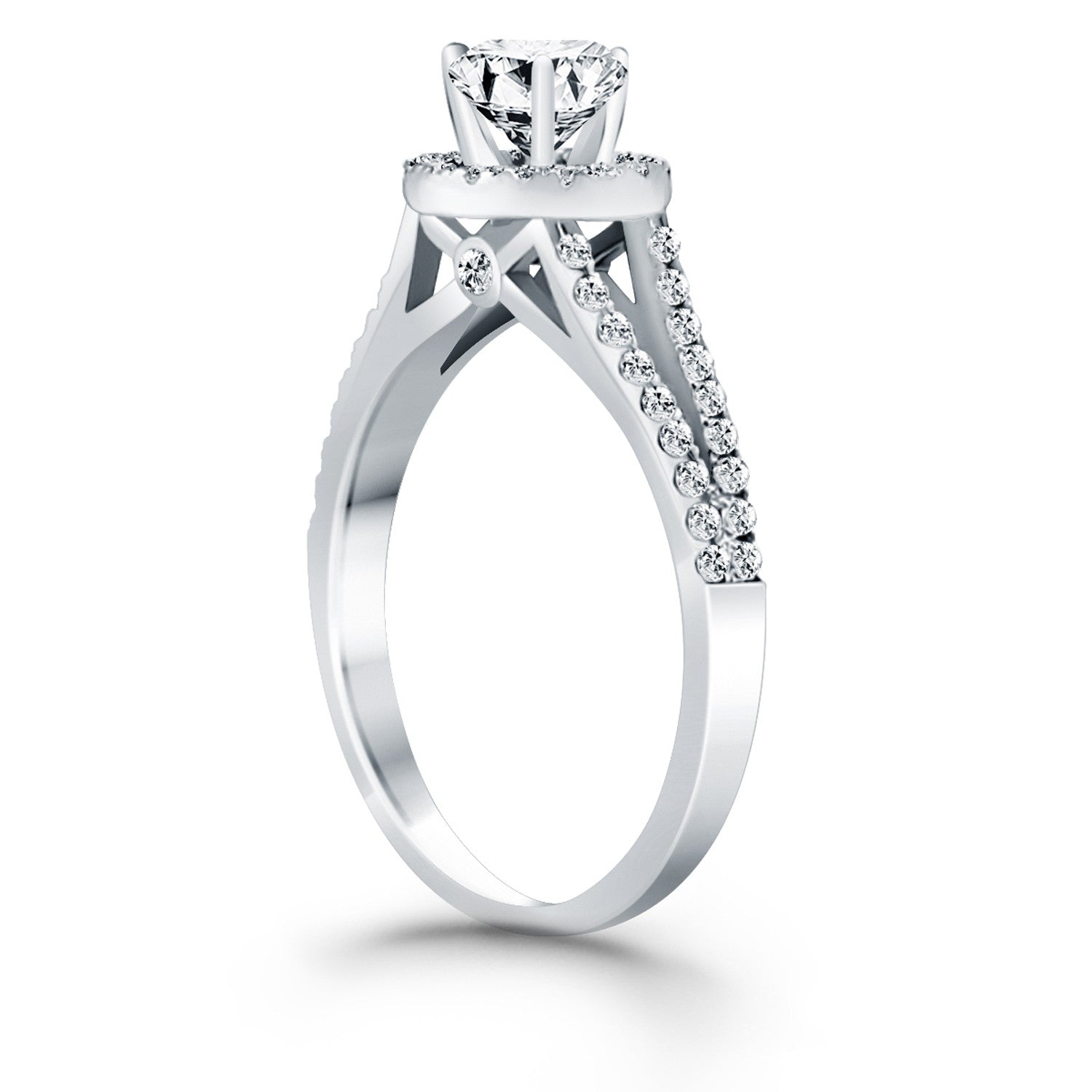 14k White Gold Diamond Halo Split Shank Engagement Ring - Coolpeacock
