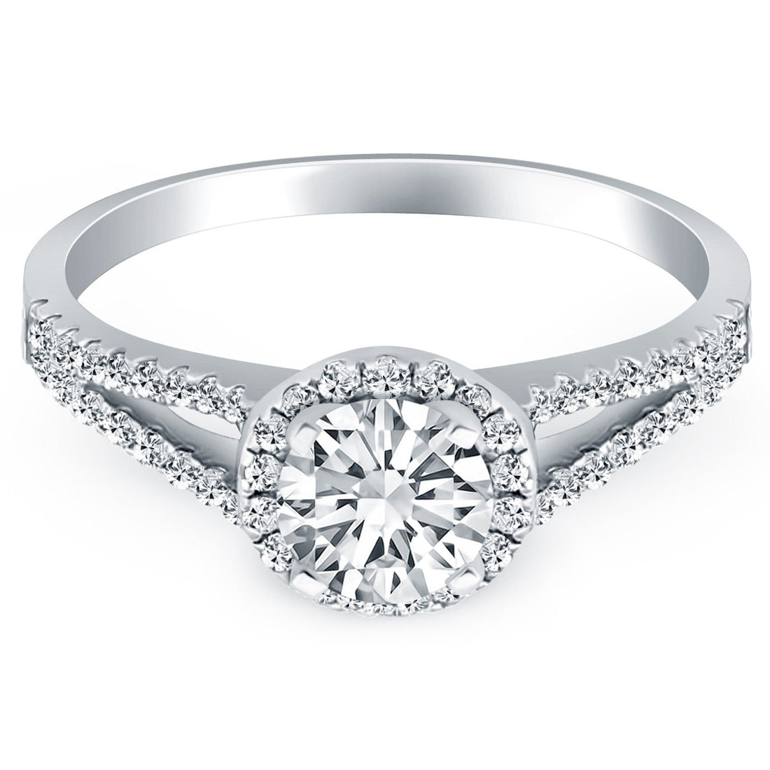 14k White Gold Diamond Halo Split Shank Engagement Ring - Coolpeacock