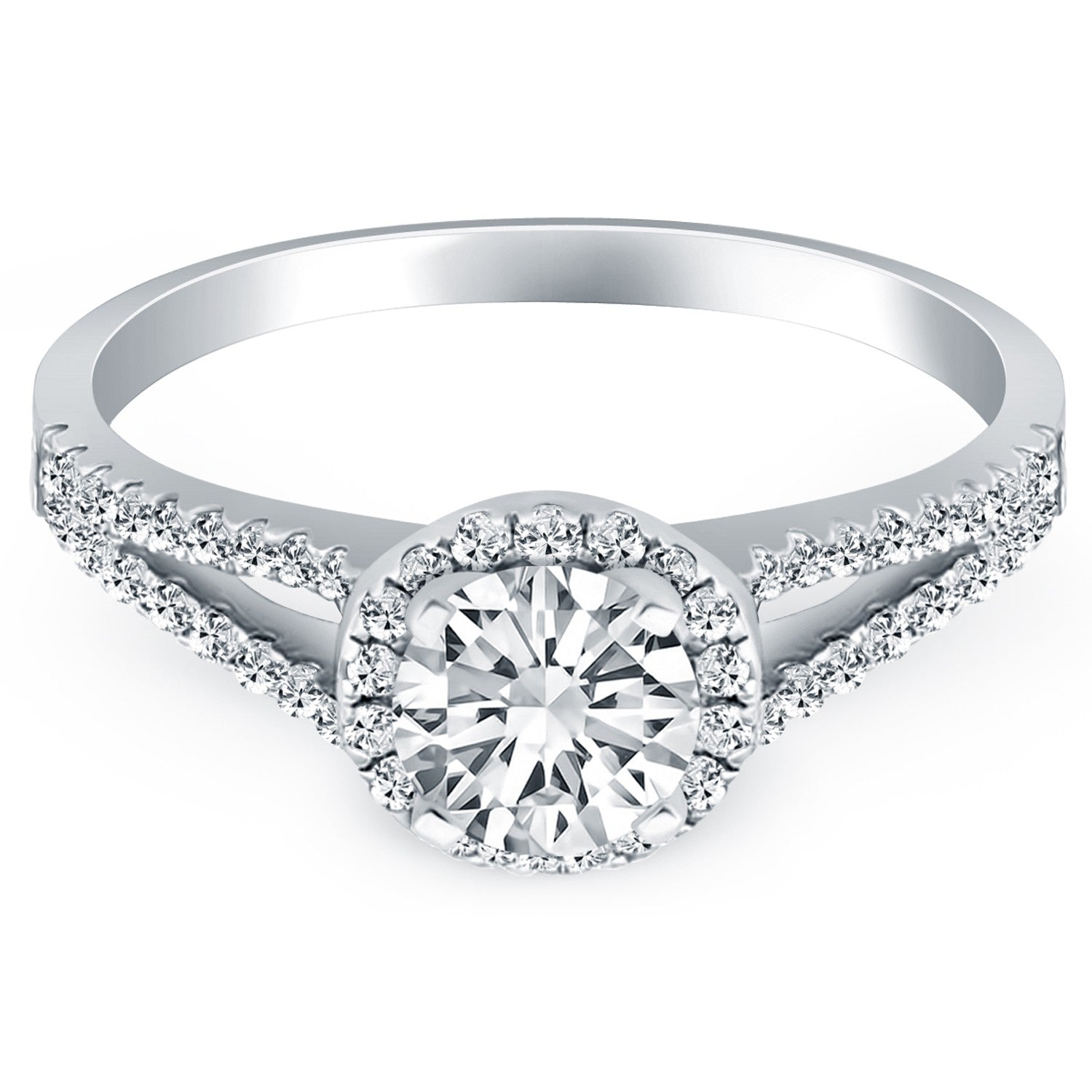 14k White Gold Diamond Halo Split Shank Engagement Ring - Coolpeacock