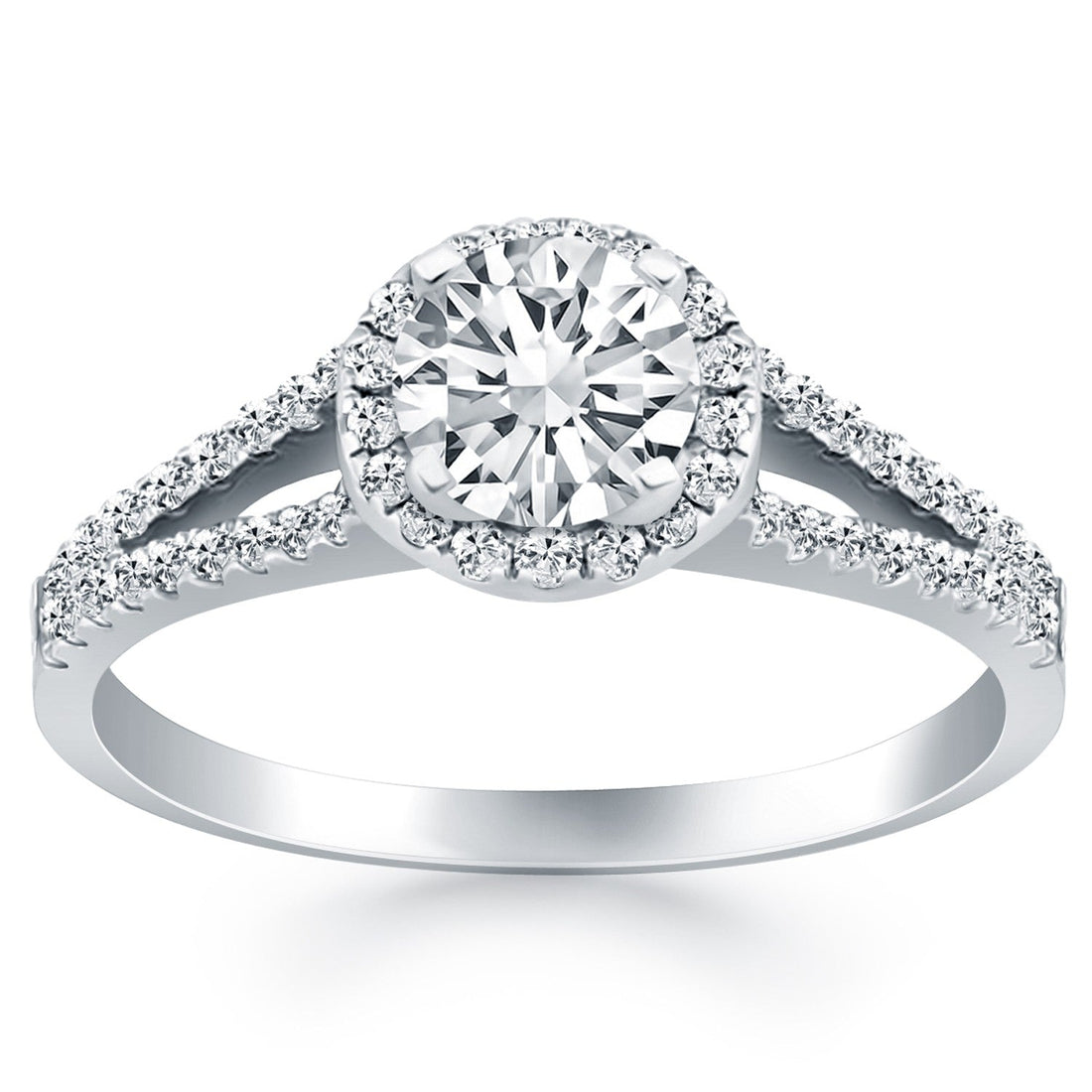 14k White Gold Diamond Halo Split Shank Engagement Ring - Coolpeacock