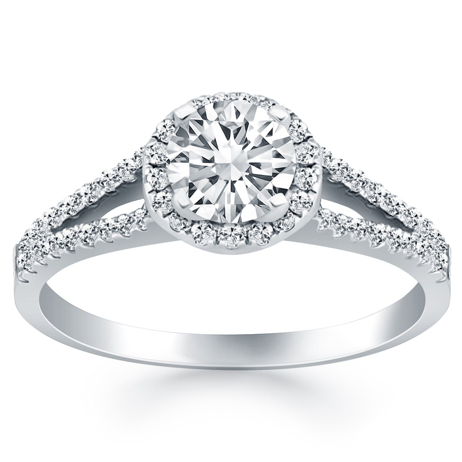 14k White Gold Diamond Halo Split Shank Engagement Ring - Coolpeacock