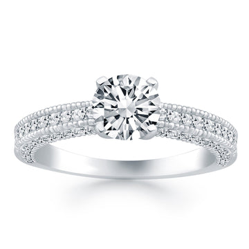 14k White Gold Diamond Micropave Milgrain Engagement Ring - Coolpeacock