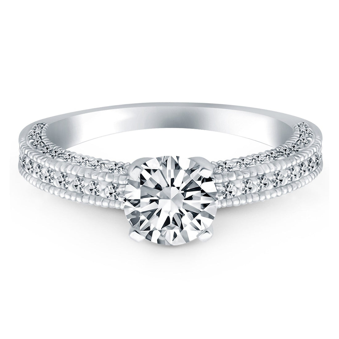 14k White Gold Diamond Micropave Milgrain Engagement Ring - Coolpeacock