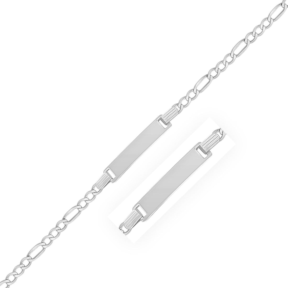 14k White Gold Figaro Chain Fancy Childrens ID Bracelet (3.30 mm) - Coolpeacock