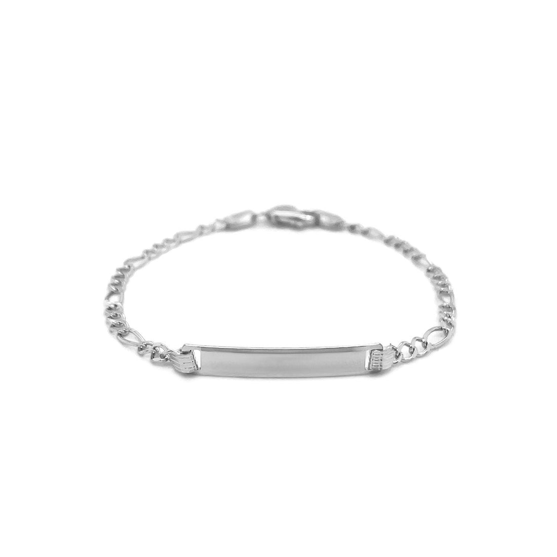 14k White Gold Figaro Chain Fancy Childrens ID Bracelet (3.30 mm) - Coolpeacock