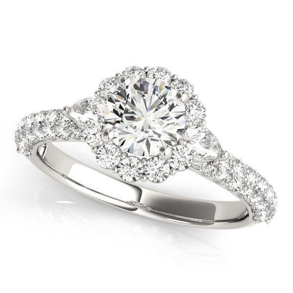 14k White Gold Halo Round Diamond Engagement Pave Band Ring (2 cttw) - Coolpeacock