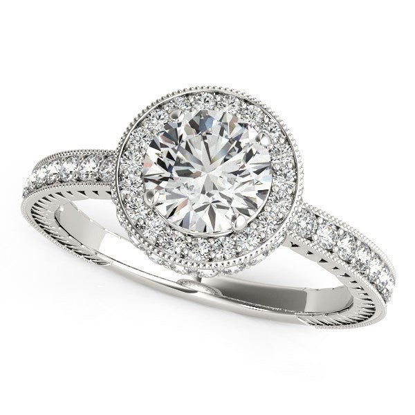 14k White Gold Milgrain Border Diamond Pave Engagement Ring (1 1/2 cttw) - Coolpeacock
