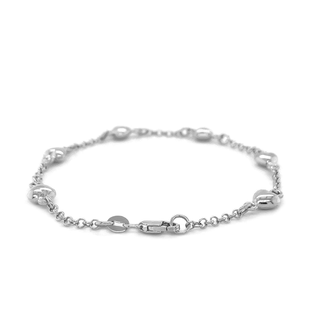 14k White Gold Rolo Chain Bracelet with Puffed Heart Stations (3.30 mm) - Coolpeacock
