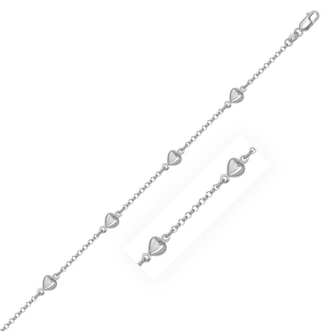 14k White Gold Rolo Chain Bracelet with Puffed Heart Stations (3.30 mm) - Coolpeacock