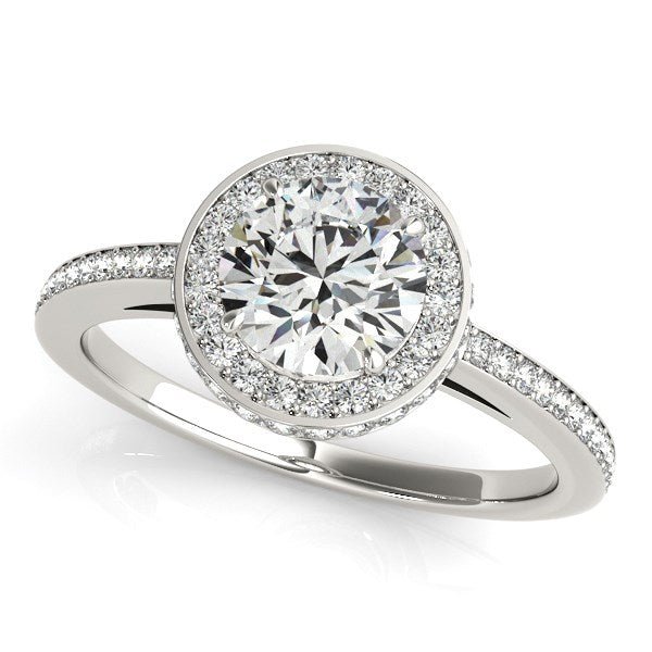14k White Gold Round Diamond Engagement Ring with Pave Set Halo (1 1/2 cttw) - Coolpeacock
