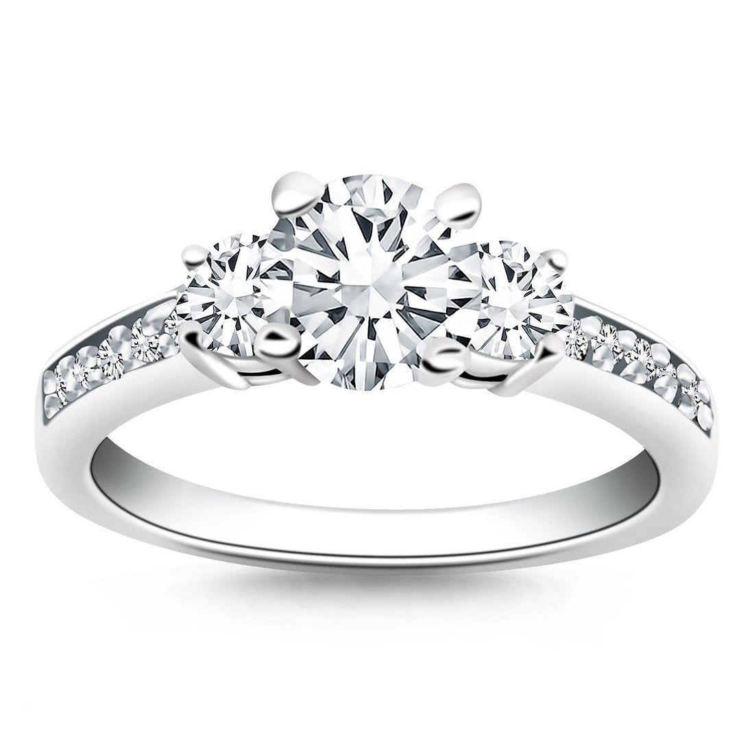 14k White Gold Three Stone Engagement Ring with Diamond Band - Coolpeacock