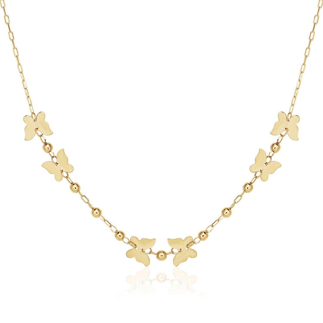 14k Yellow Gold 18 inch Necklace with Polished Butterflies and Beads - Coolpeacock
