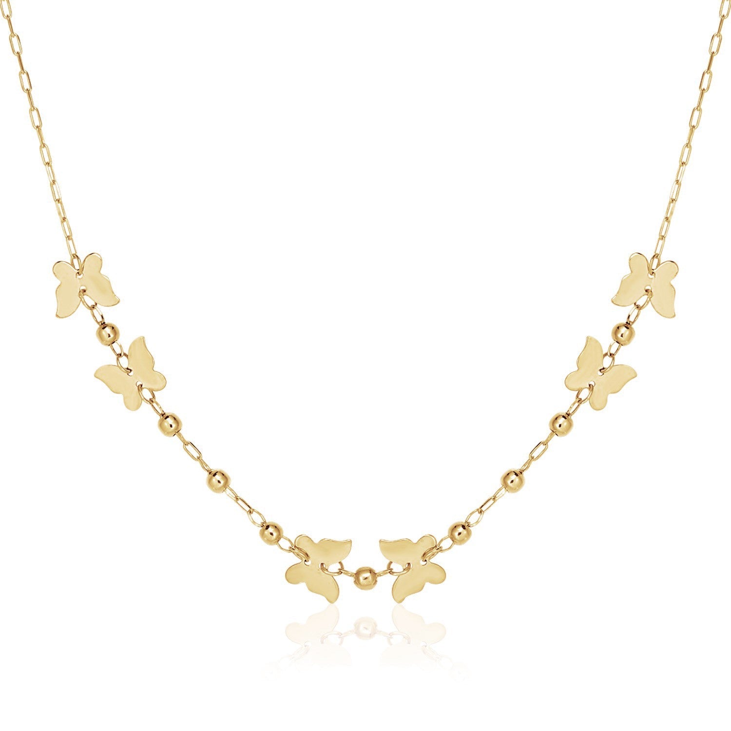 14k Yellow Gold 18 inch Necklace with Polished Butterflies and Beads - Coolpeacock