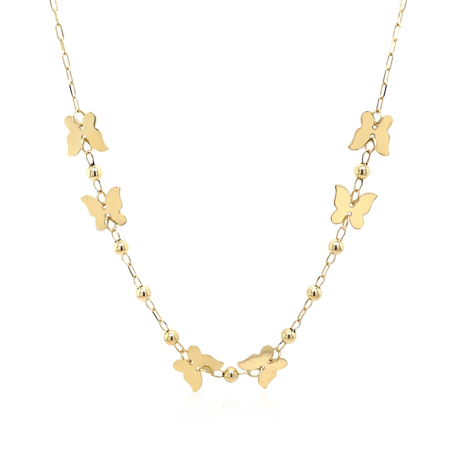 14k Yellow Gold 18 inch Necklace with Polished Butterflies and Beads - Coolpeacock