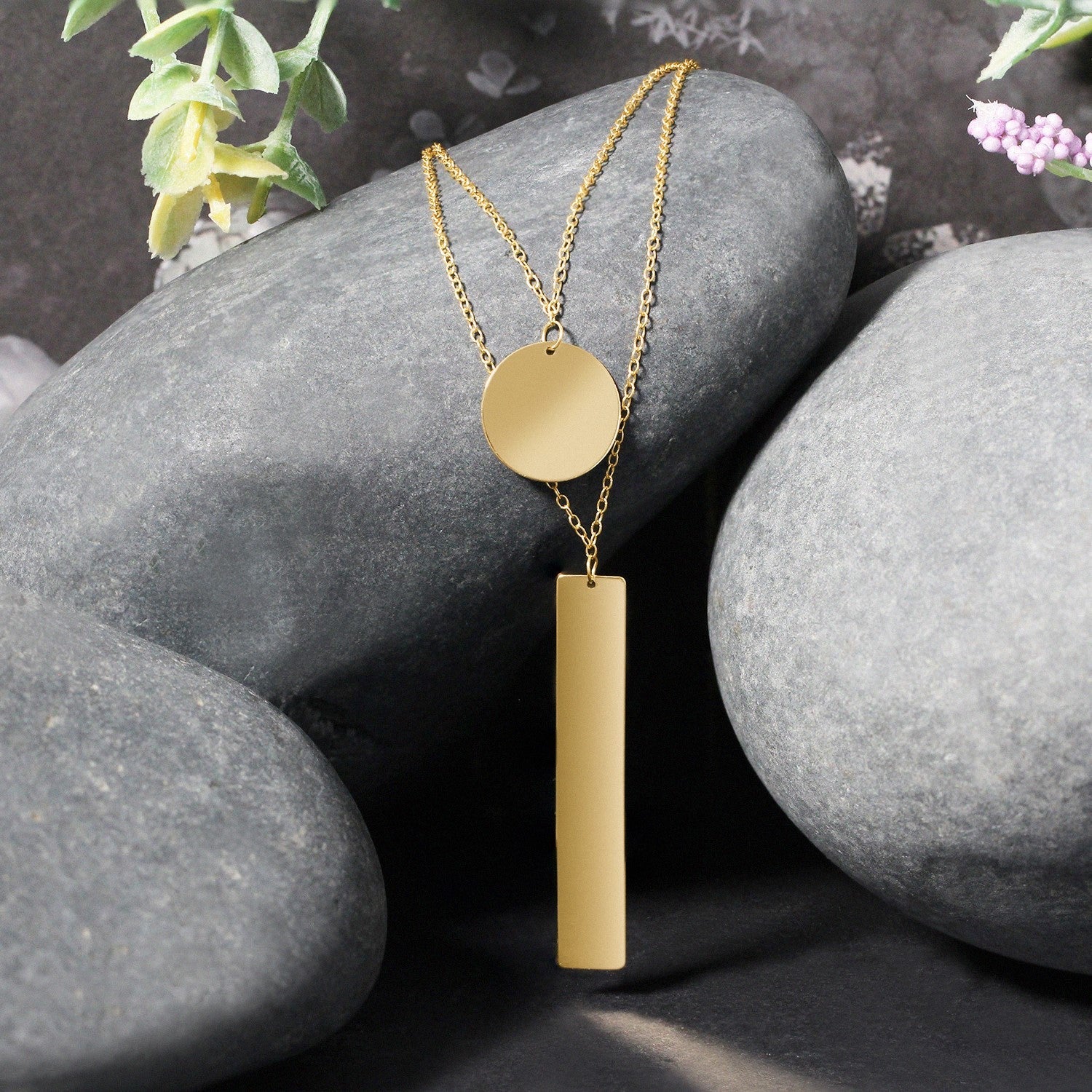 14k Yellow Gold 18 inch Two Strand Necklace with Circle and Bar Pendants - Coolpeacock