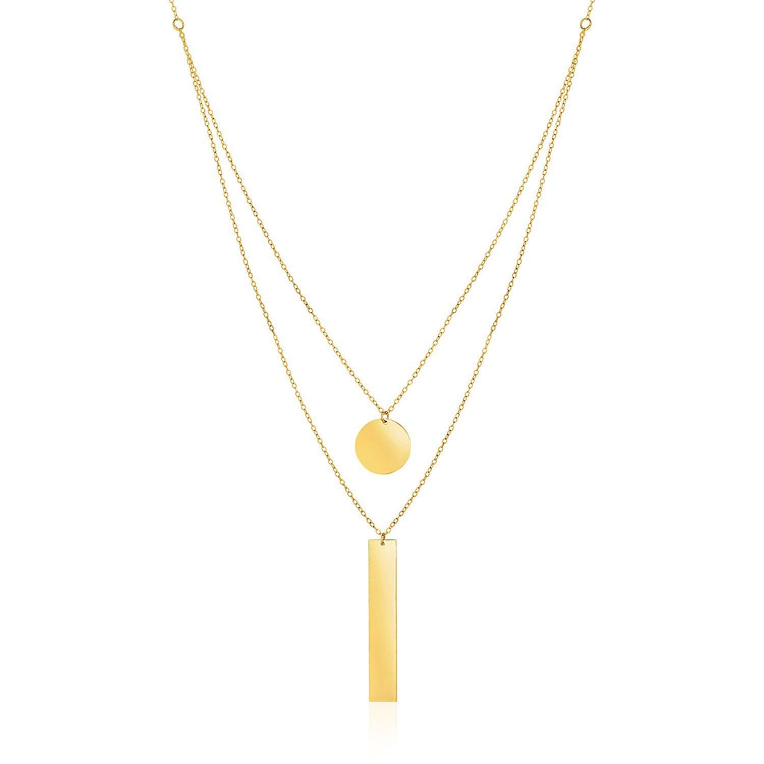 14k Yellow Gold 18 inch Two Strand Necklace with Circle and Bar Pendants - Coolpeacock