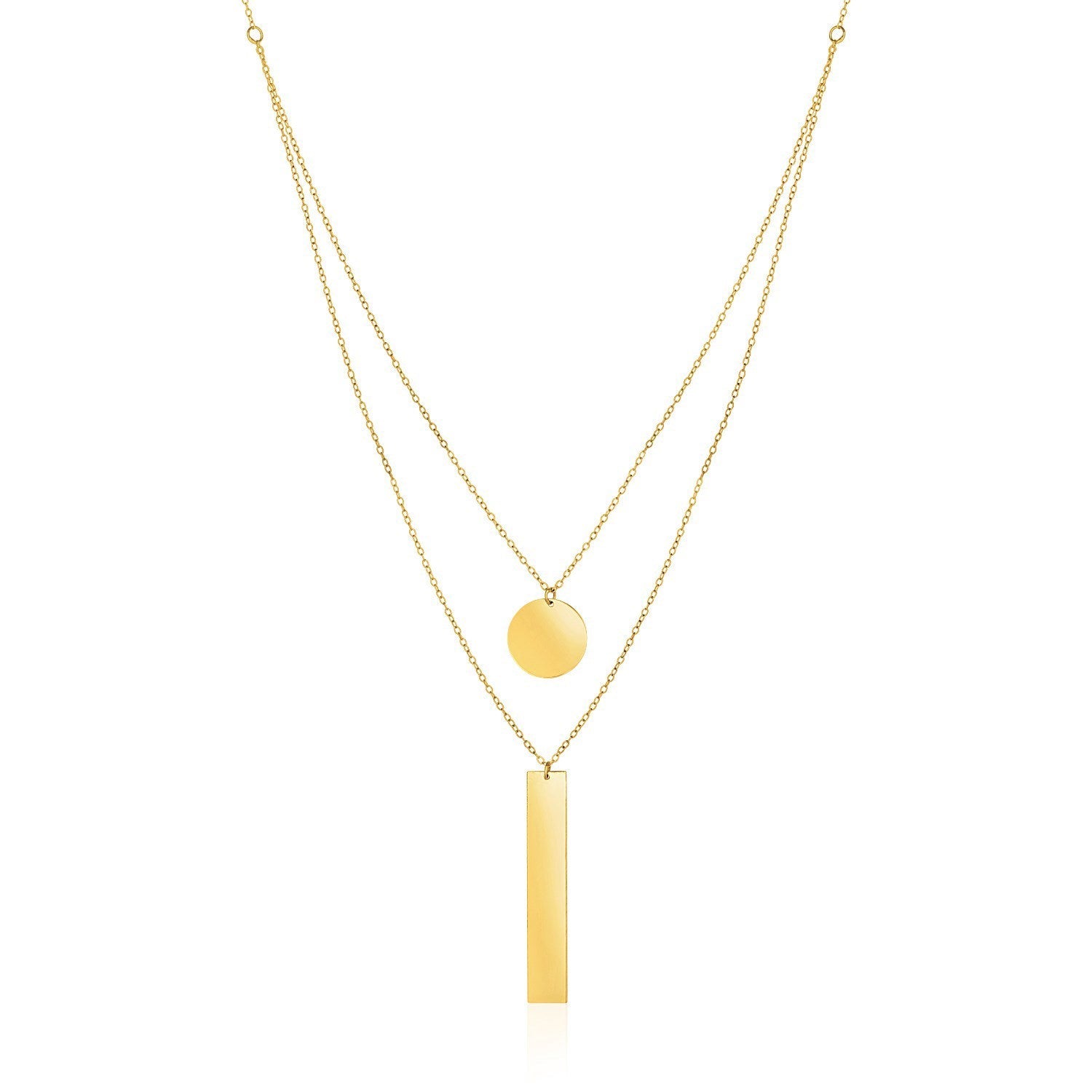 14k Yellow Gold 18 inch Two Strand Necklace with Circle and Bar Pendants - Coolpeacock