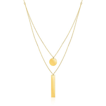 14k Yellow Gold 18 inch Two Strand Necklace with Circle and Bar Pendants - Coolpeacock