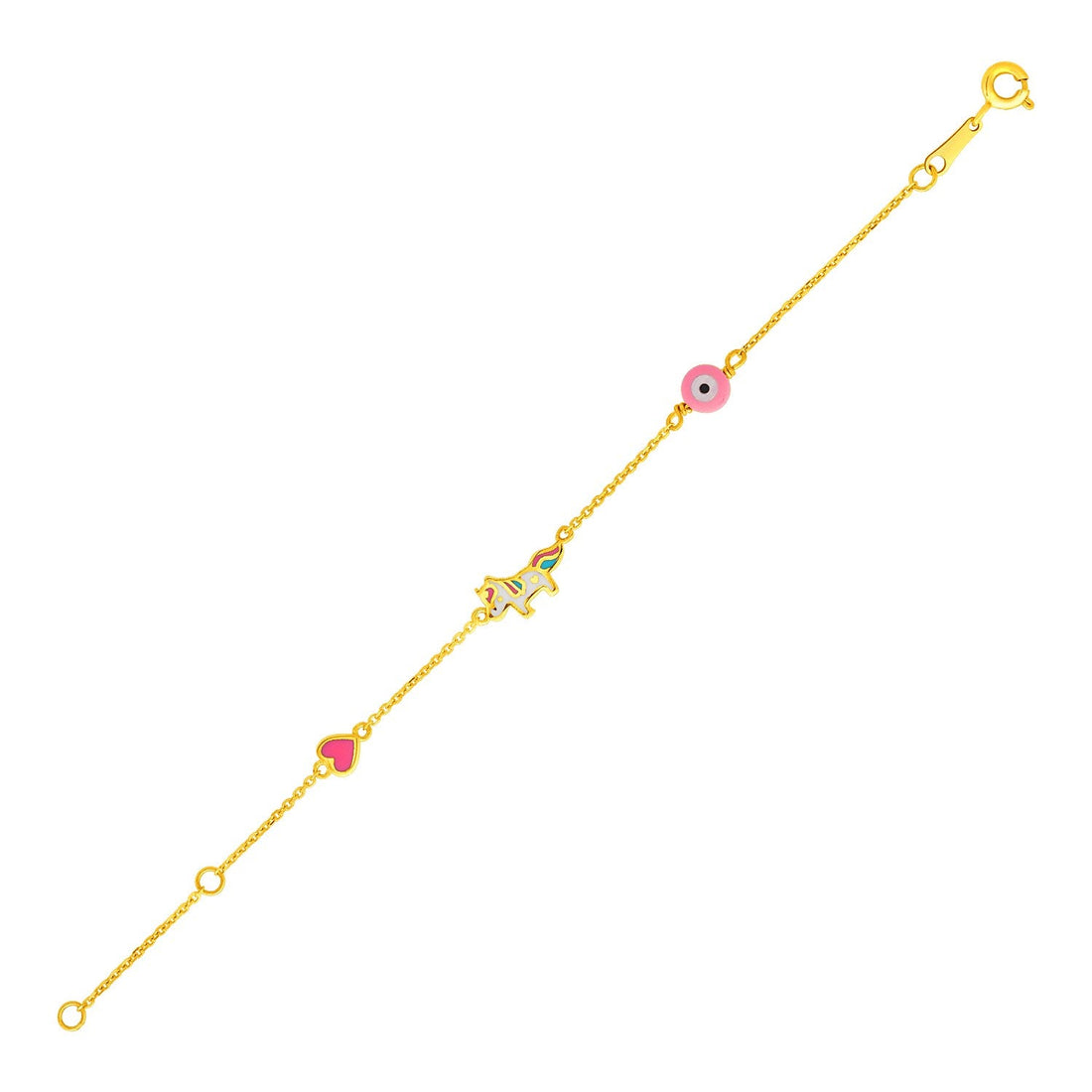 14k Yellow Gold 5 1/2 inch Childrens Bracelet with Enameled Heart Unicorn and Circle (1.00 mm) - Coolpeacock