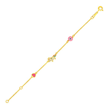 14k Yellow Gold 5 1/2 inch Childrens Bracelet with Enameled Heart Unicorn and Circle (1.00 mm) - Coolpeacock
