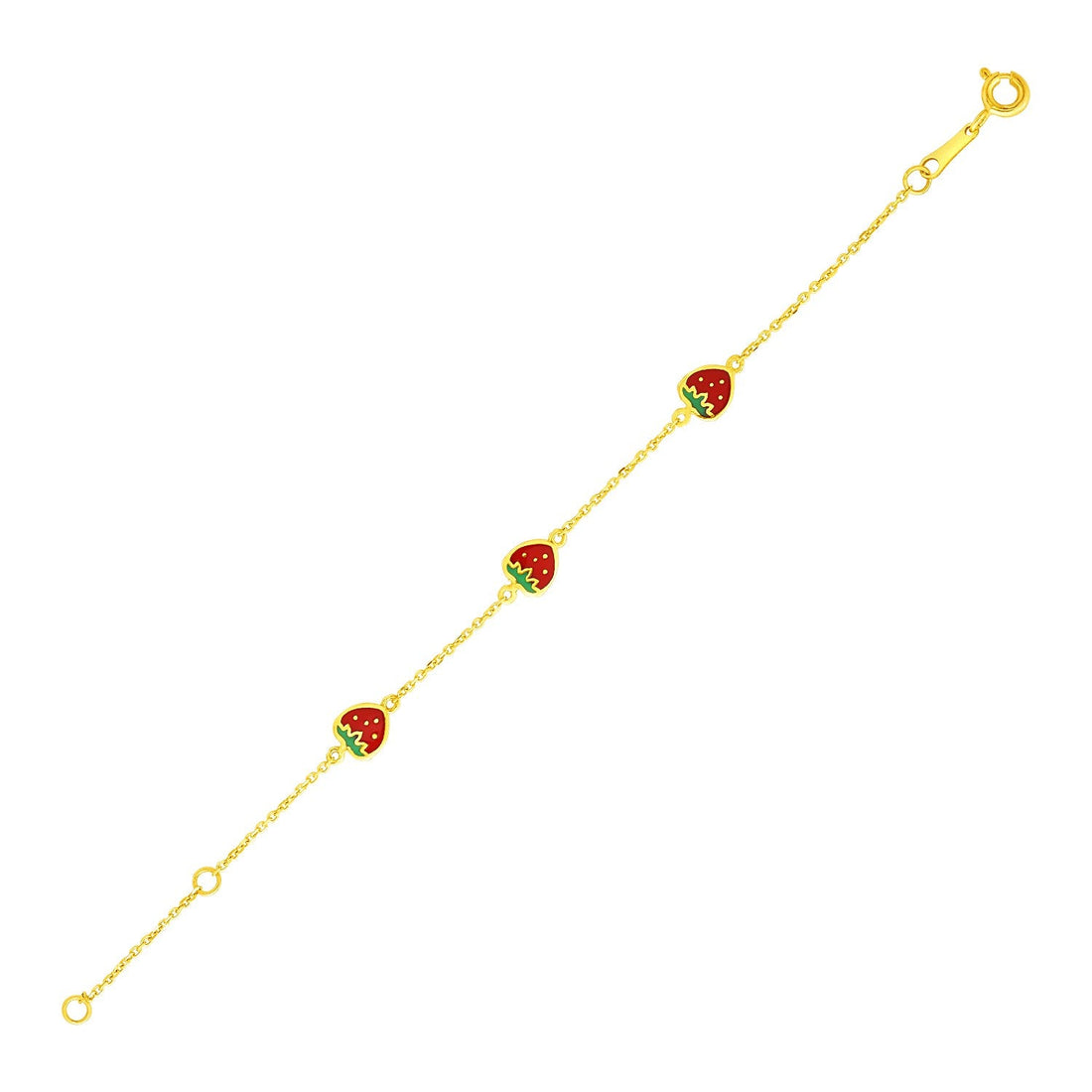 14k Yellow Gold 5 1/2 inch Childrens Bracelet with Enameled Strawberries (1.00 mm) - Coolpeacock