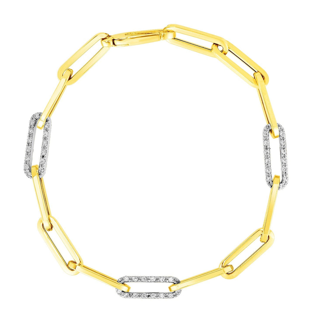14k Yellow Gold 7 1/2 inch Paperclip Chain Bracelet with Three Diamond Links (2.00 mm) - Coolpeacock