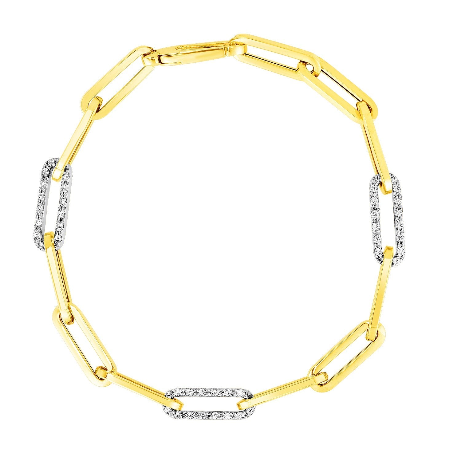 14k Yellow Gold 7 1/2 inch Paperclip Chain Bracelet with Three Diamond Links (2.00 mm) - Coolpeacock