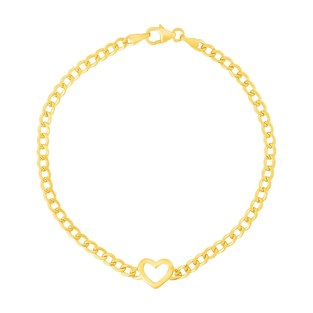 14k Yellow Gold 7 inch Curb Chain Bracelet with Heart (3.40 mm) - Coolpeacock