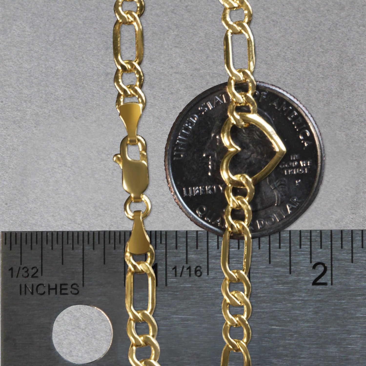 14k Yellow Gold 7 inch Figaro Chain Bracelet with Heart (4.50 mm) - Coolpeacock