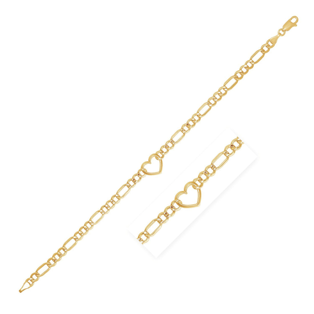 14k Yellow Gold 7 inch Figaro Chain Bracelet with Heart (4.50 mm) - Coolpeacock