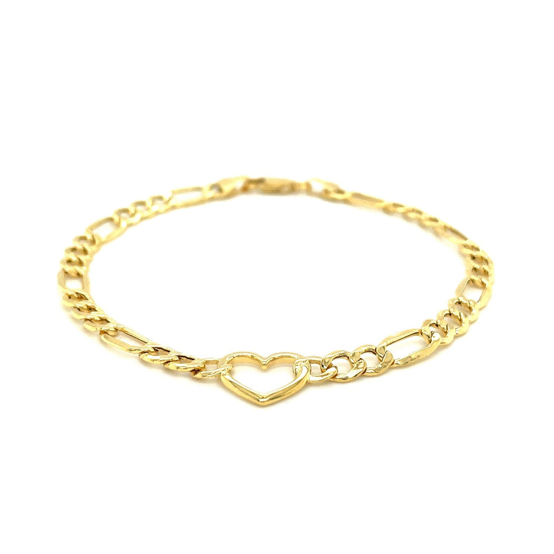 14k Yellow Gold 7 inch Figaro Chain Bracelet with Heart (4.50 mm) - Coolpeacock
