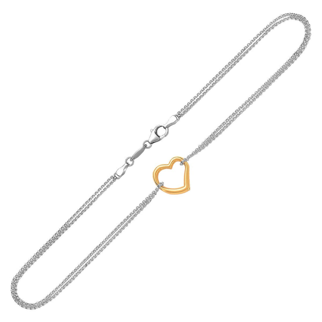 14k Yellow Gold and Sterling Silver Anklet with a Single Open Heart Station - Coolpeacock