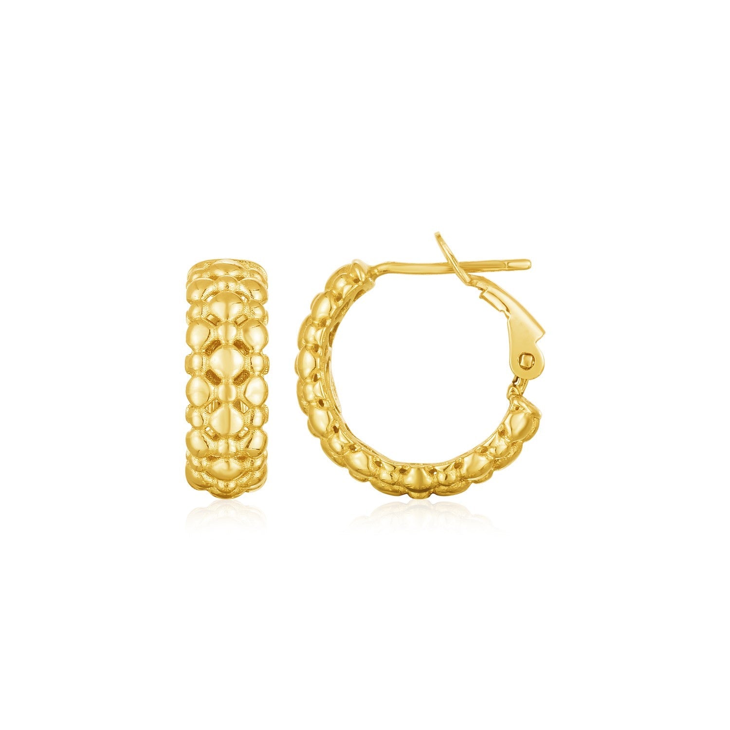 14k Yellow Gold Beaded Puffed Textured Hoop Earrings - Coolpeacock