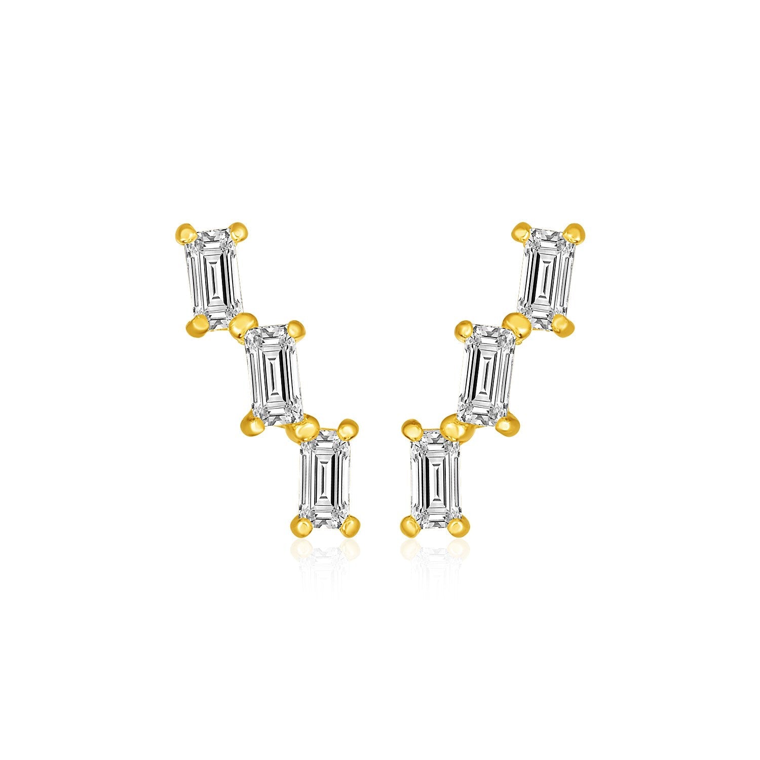 14k Yellow Gold Climber Post Earrings with Baguette Cubic Zirconias - Coolpeacock