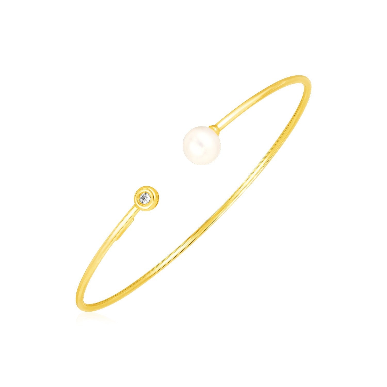 14k Yellow Gold Cuff Bangle with Pearl and Diamond (3.00 mm) - Coolpeacock