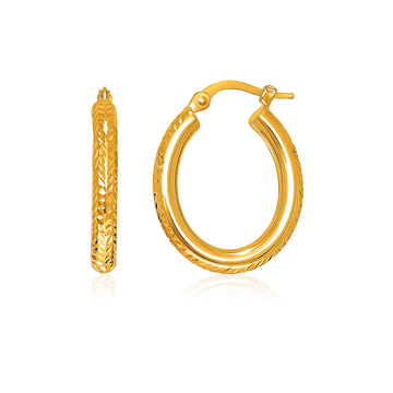 14k Yellow Gold Diamond Cut Textured Oval Hoop Earrings. - Coolpeacock