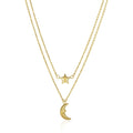 14k Yellow Gold Double - Strand Chain Necklace with Puff Moon and Star - Coolpeacock