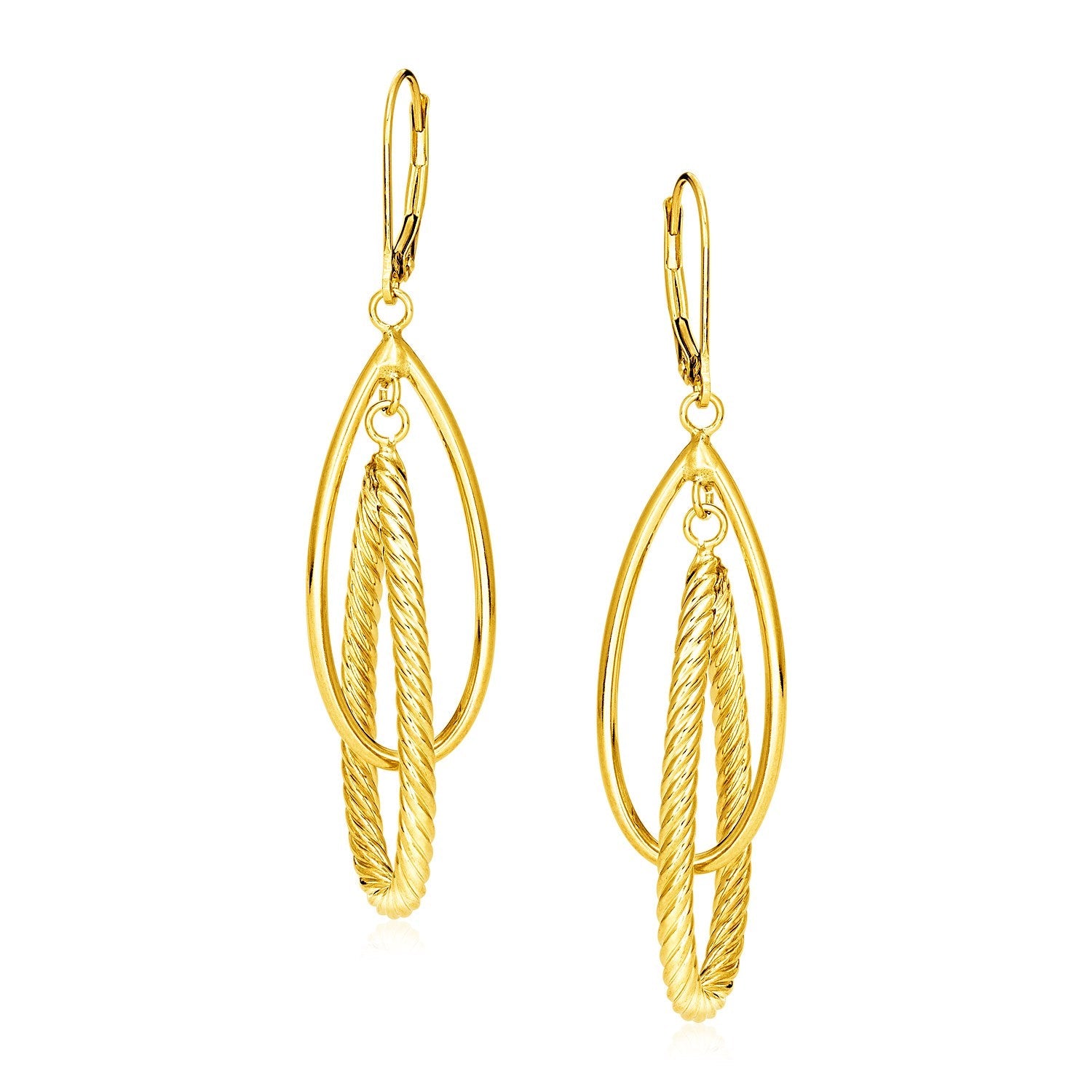 14k Yellow Gold Earrings with Shiny and Textured Teardrop Dangles - Coolpeacock