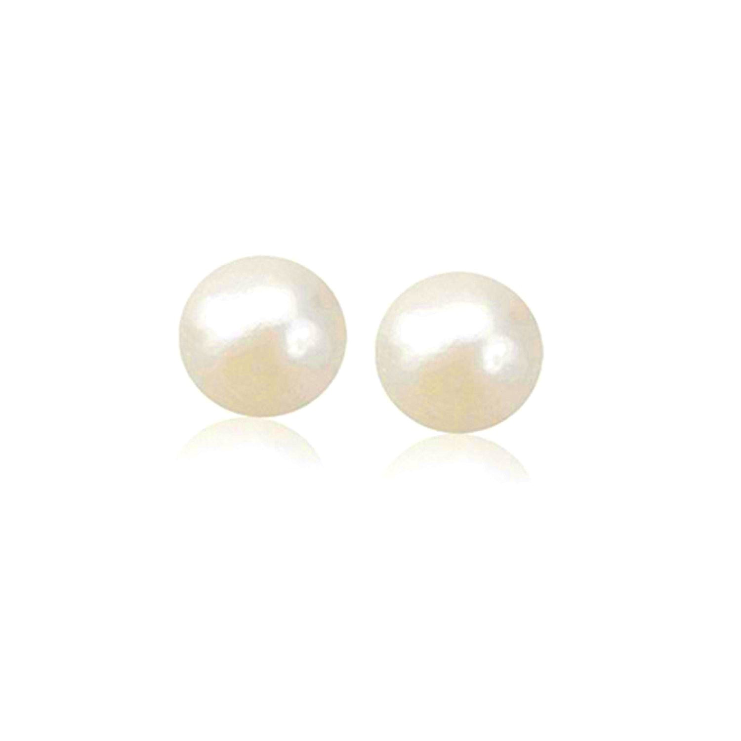 14k Yellow Gold Freshwater Cultured White Pearl Stud Earrings (7mm) - Coolpeacock
