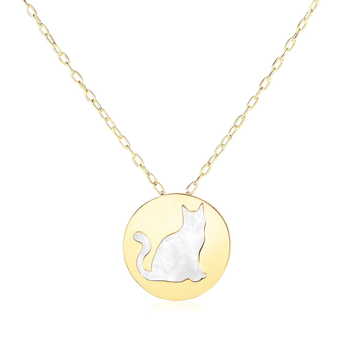 14k Yellow Gold Necklace with Cat Symbol in Mother of Pearl - Coolpeacock