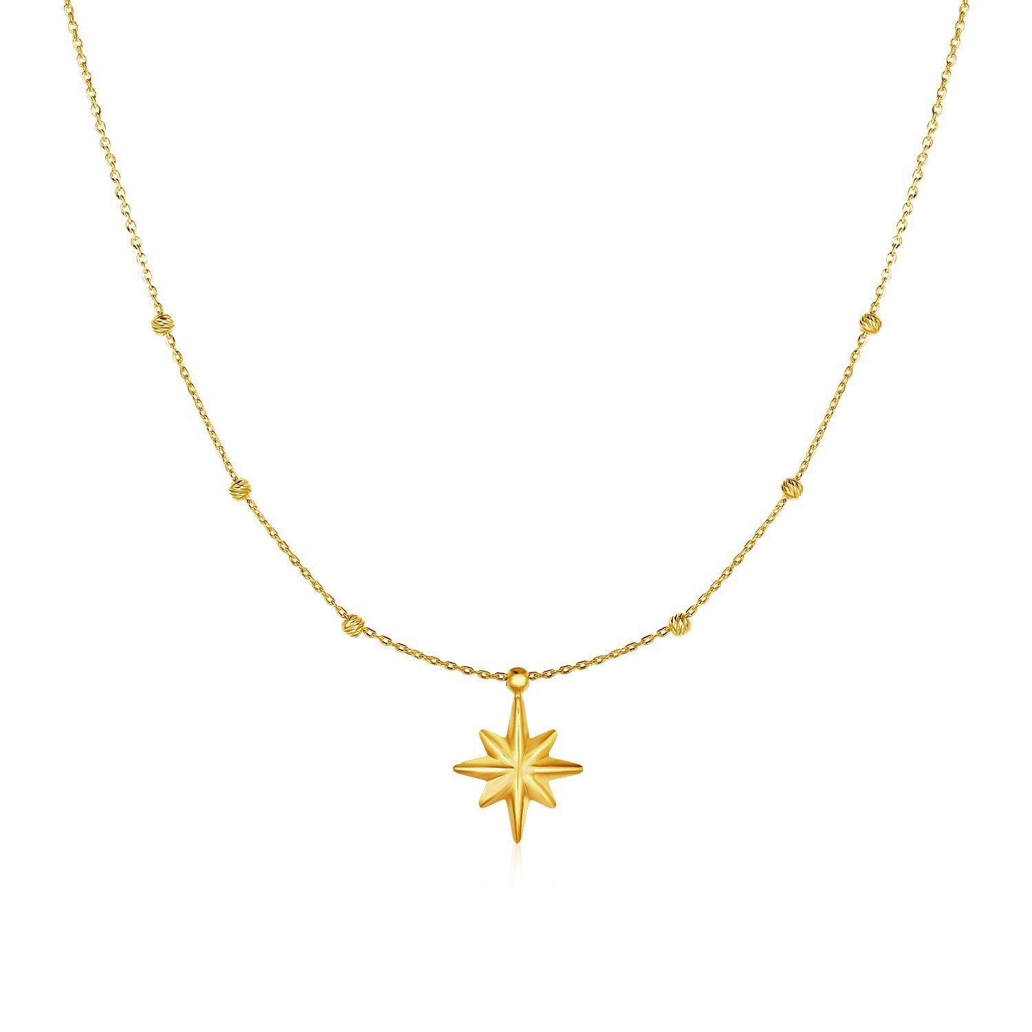 14k Yellow Gold Necklace with Eight Pointed Star and Beads - Coolpeacock