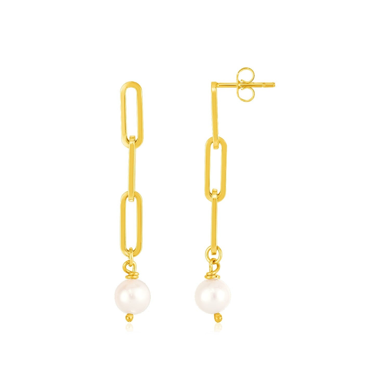 14k Yellow Gold Paperclip Chain Link Earrings with Pearls - Coolpeacock